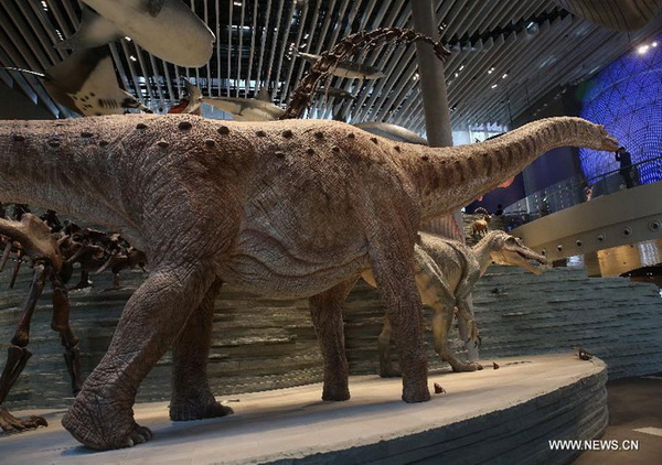 Des maquettes de dinosaures exposées au Musée d’histoire naturelle de Shanghai, le 11 avril 2015.