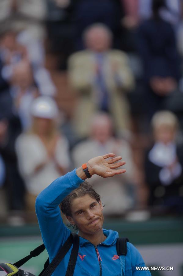 L'Espagnol Rafael Nadal lors du premier tour du Tournoi de Roland-Garros, le 27 mai 2015 à Paris. Nadal a remporté le match 3-0, à Roland-Garros, contre le Français Quentin Halys. (Xinhua/Chen Xiaowei) 