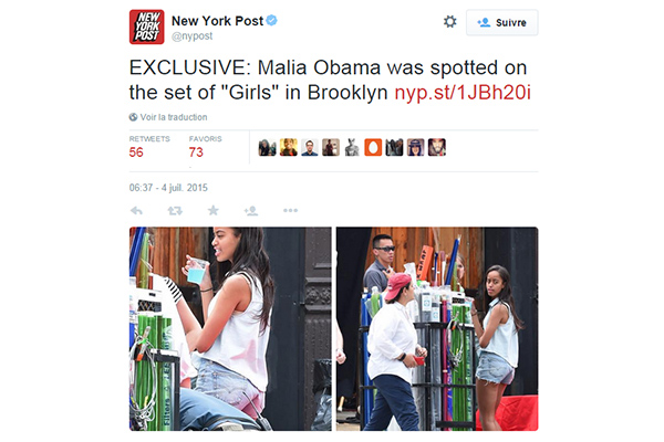 Malia Obama intègre l'équipe de tournage de la série TV « Girls »