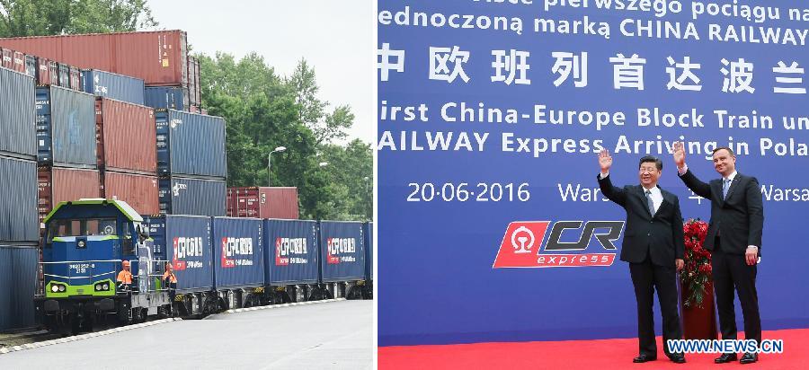 La photo combinée montre le président chinois Xi Jinping et son homologue polonais Andrzej Duda à la cérémonie d'entrée en gare d'un train de marchandises de China Railway Express, destinée à célébrer l'amélioration des communications ferroviaires entre les deux pays, à Varsovie, en Pologne, le 20 juin 2016. 