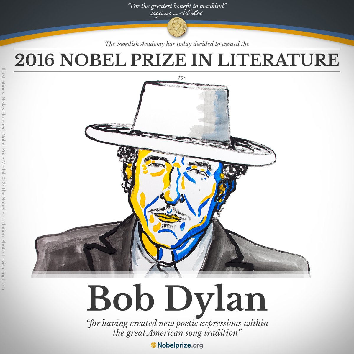 Le chanteur et poète américain Bob Dylan Prix Nobel de littérature