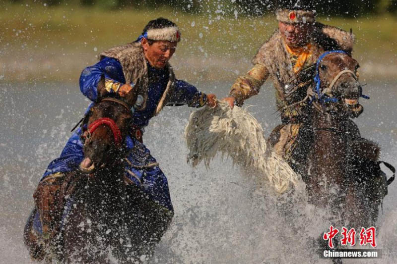 Des cavaliers font la course pour attraper des moutons dans une zone humide du Xinjiang