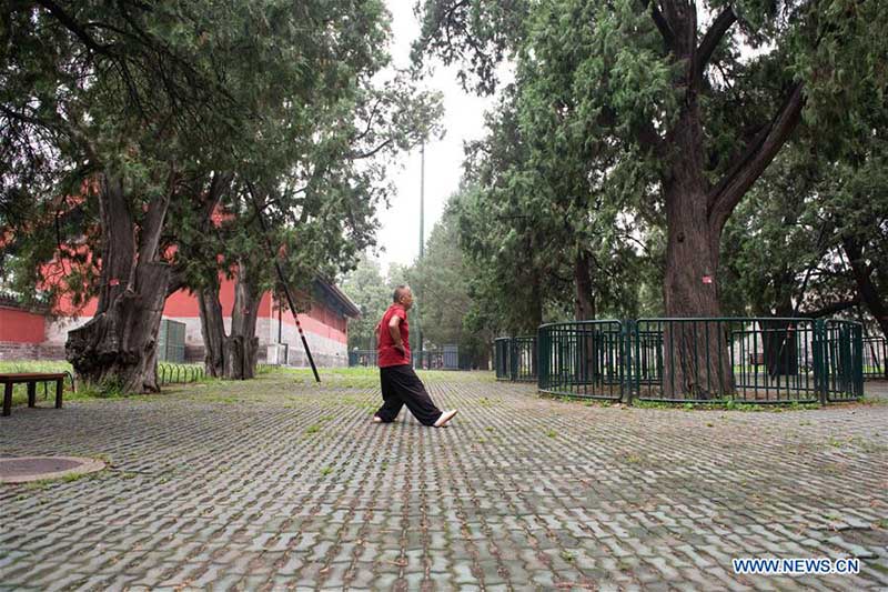 Les personnes âgées pratiquent l'aérobic traditionnel au parc du Temple du Ciel à Beijing