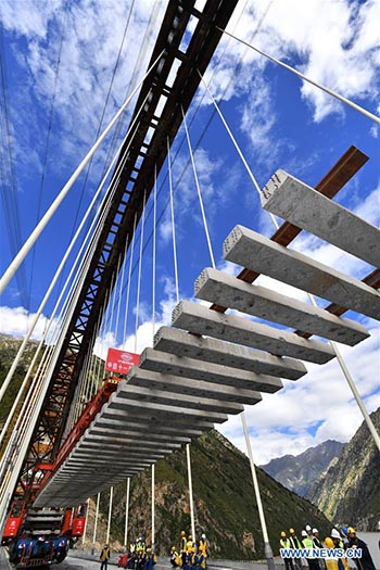 Des travaux de pose de voies sur le grand pont de la ligne ferroviaire Lhassa-Nyingchi