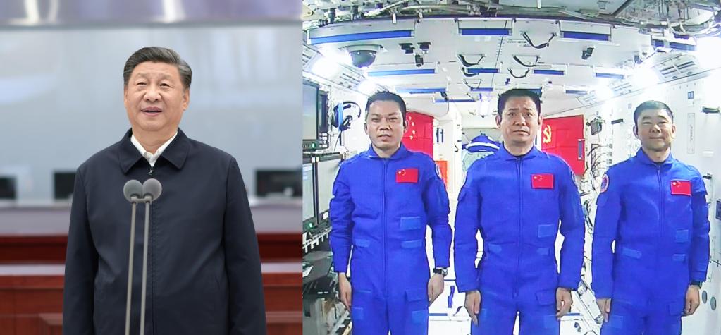 Xi Jinping parle avec les astronautes stationnés dans le module central de la station spatiale
