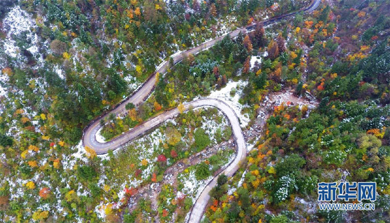 Les premières chutes de neige de la fin de l'automne à Pingheliang, dans les monts Qinling, pittoresques et colorés