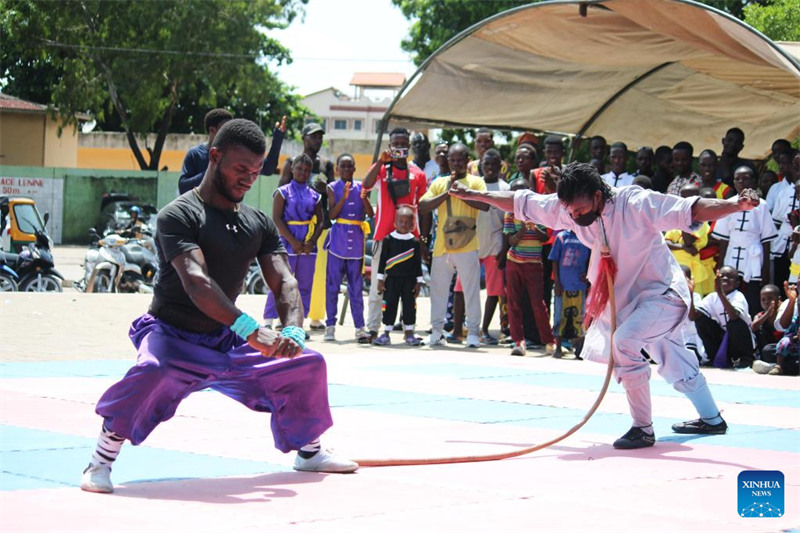 Un spectacle d'arts martiaux chinois donné lors d'une cérémonie de remise de diplômes à Cotonou, au Bénin