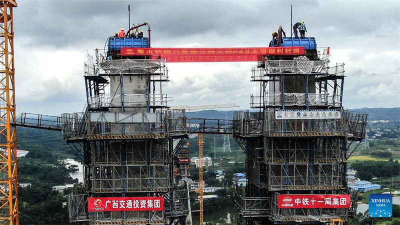 Un pont de la ligne ferroviaire à grande vitesse Nanning-Yulin en construction