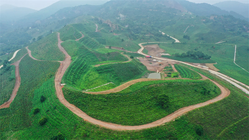 Photo aérienne montrant une mine d'alun de Lujiang restaurée écologiquement, dont la vitalité a été ravivée, le 30 juillet 2022. (Zhang Xiaoming / Pic.people.com.cn)