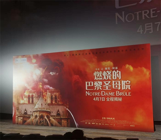 L'affiche de film Notre-Dame brûle. (Sun Hongyu / le Quotidien du Peuple en ligne)