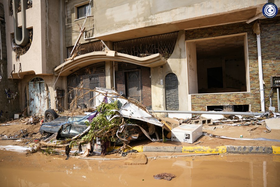 Photo prise le 11 septembre 2023 montrant une zone inondée à Derna, en Libye. (Crédit photo : gouvernement établi dans l