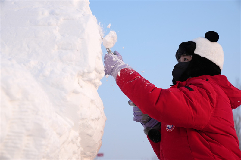Heilongjiang : les participants créent des sculptures sur neige au 30e Concours national de sculpture sur neige de Harbin