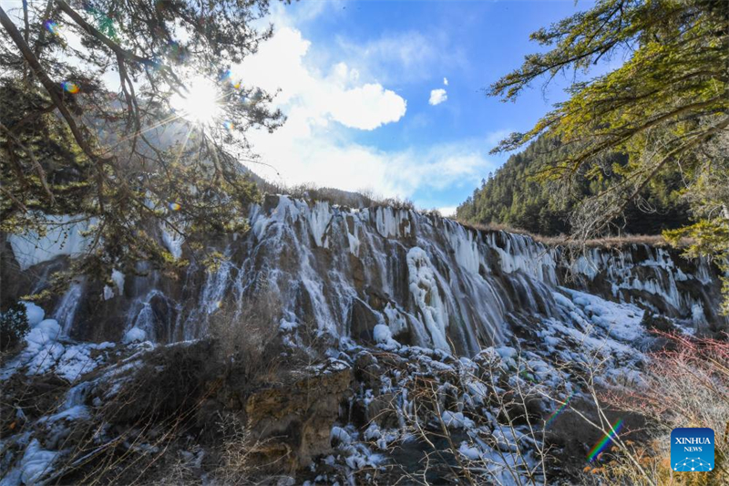 Photo prise le 4 janvier 2024 montrant la cascade gelée de Nuorilang, dans le Parc national de Jiuzhaigou, dans la province du Sichuan (sud-ouest de la Chine). (Wang Xi / Xinhua)