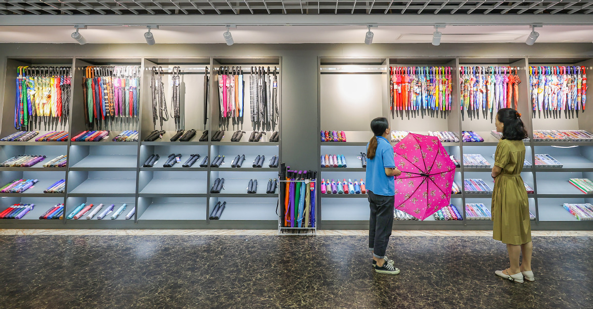 Différents types de parapluies aux motifs variés sont présentés dans une salle d