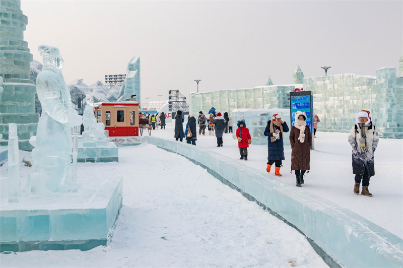 Heilongjiang : le Monde de glace et de neige de Harbin présente des sculptures de glace des guerriers en terre cuite de Xi'an