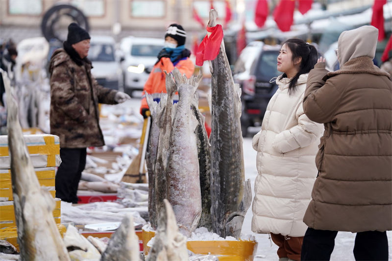 Heilongjiang : à l'approche de la Fête du Printemps, le marché aux poissons de Dongji redouble d'activité