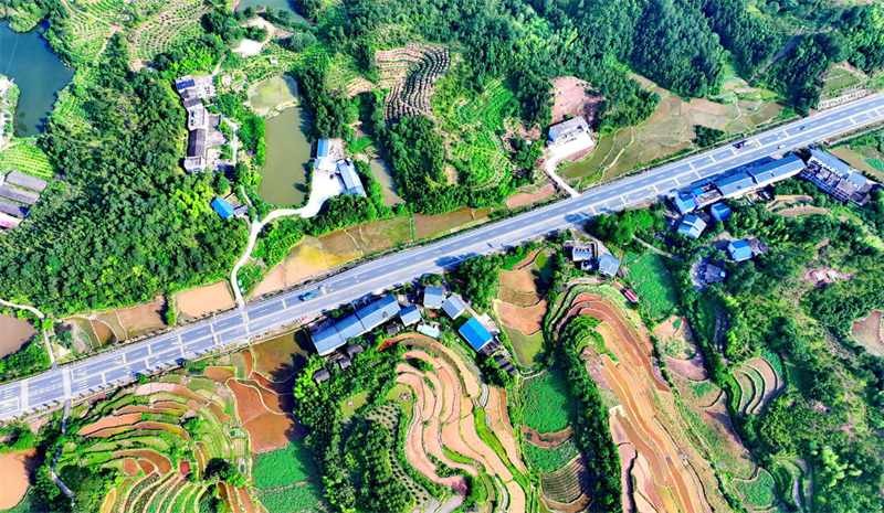 Jiangxi : à Ruijin, la route serpente à travers le paysage et les voitures traversent une nature luxuriante