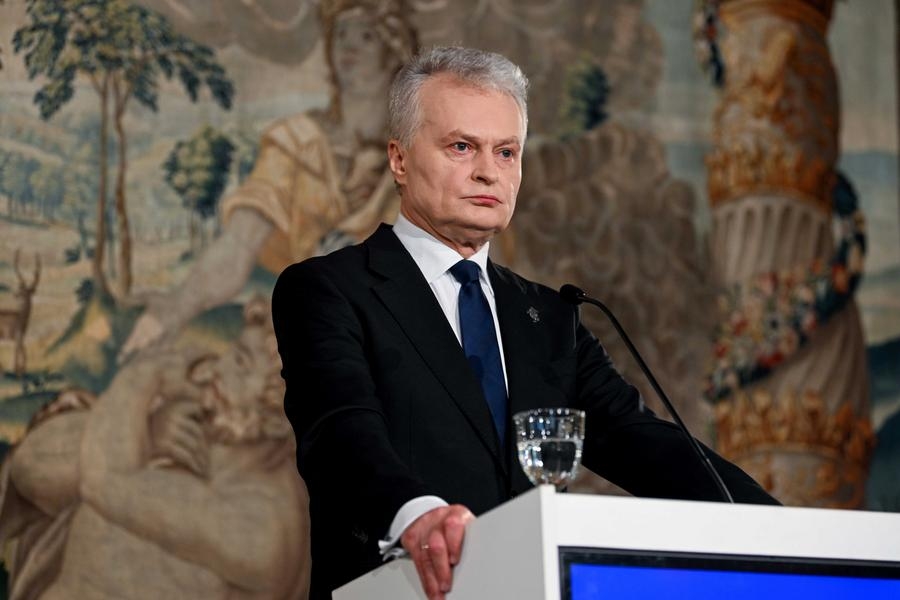 Le président sortant Gitanas Nauseda participe à une conférence de presse à Vilnius, en Lituanie, le 13 mai 2024. (Xinhua/Alfredas Pliadis)