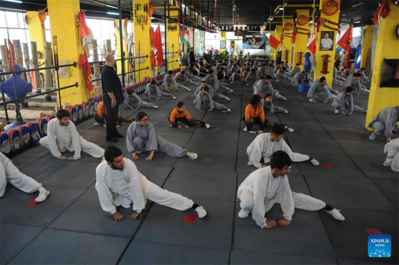Des passionnés d'arts martiaux chinois s'entraînent dans un club d'arts martiaux à Souleimaniye, en Irak, le 12 juin 2024. (Duan Minfu / Xinhua)