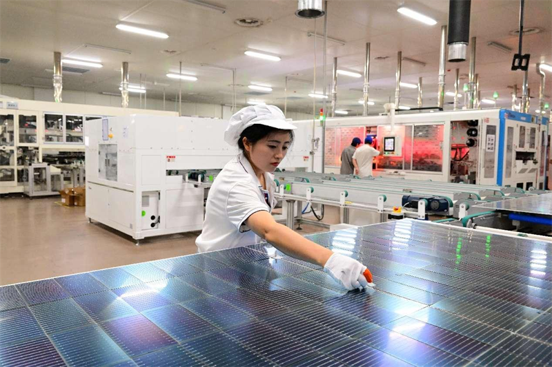 Une ouvrière est occupée à produire et à expédier les commandes sur la ligne d'inspection intelligente numérique de modules photovoltaïques de 3 GW de la société Zhejiang Runma Solar Group Co., Ltd., à Jinhua, dans la province du Zhejiang (est de la Chine). (Shi Bufa / Pic.people.com.cn)