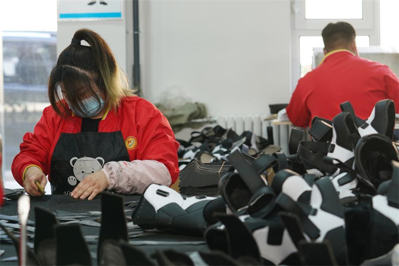 Des ouvriers fabriquent des chaussures de ski dans l'atelier d'une entreprise de technologie des sports d'hiver, à Liaoyuan, ville de la province chinoise du Jilin (nord-est), le 9 novembre 2024. (Photo : Si Xiaoshuai)