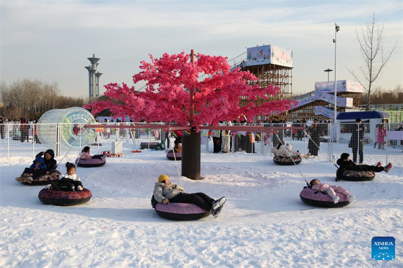 Les gens s'amusent avec de la glace et de la neige sur l'Anneau de patinage de vitesse de Beijing