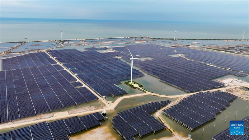 Photo aérienne prise le 8 août 2025 par un drone montrant un projet de démonstration pour le stockage photovoltaïque et énergétique intégré à Dongying, dans la province du Shandong (est de la Chine). (Guo Xulei/Xinhua)