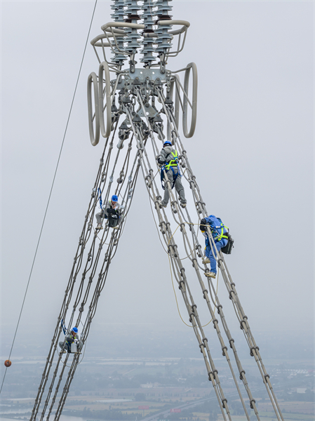 Anhui : des ouvriers électriciens appliquent de la peinture antigel à haute altitude à Tongyang
