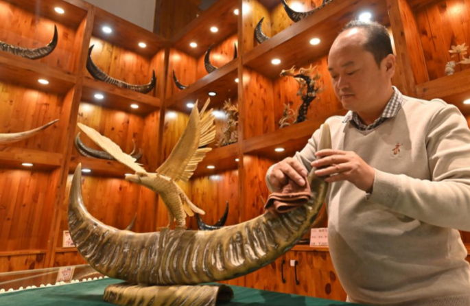 Guangxi : l'artisanat de sculpture sur corne de bovins prospère à Wuling