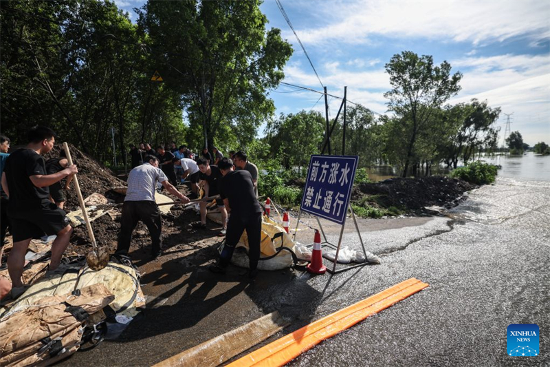 Liaoning : les secouristes transportent des fournitures pour renforcer les digues contre les risques d'inondation à Shenyang
