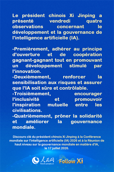 Les points saillants du discours du président chinois Xi Jinping à la Conférence mondiale sur l'intelligence artificielle (IA) 2026 et à la Réunion de haut niveau sur la gouvernance mondiale en matière d'IA
