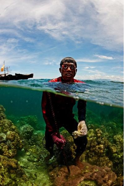 Un pêcheur en plongée pour chercher des palourdes.