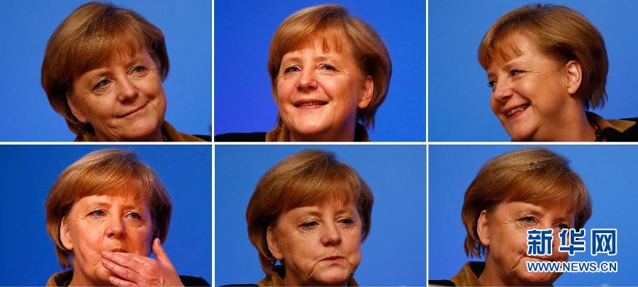 Les photos de la chancelière allemande Angela Merkel, en attendant une conférence de la CDU, dont elle a été réélue à la tête avec 98% de voix. (Xinhua/Reuters)