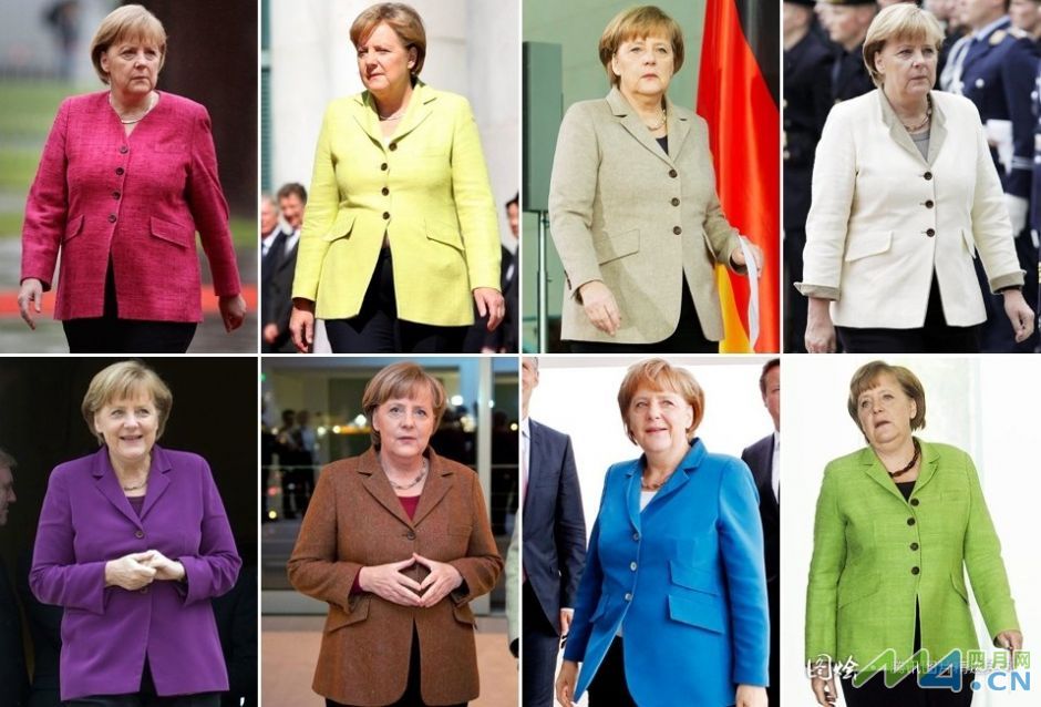 Comparé au style exotique d'Yingluck, la chancelière allemande Angela Merkel est plutôt conservative. Elle porte toujours le même type de tailleurs quelques soient les circonstances. Une seule différence, la couleur du tailleur est à chaque fois différente. Un artiste néerlandais a d'ailleurs réalisé une palette de couleurs à l'effigie des costumes de Merkel, il dénombre au total 90 couleurs !
