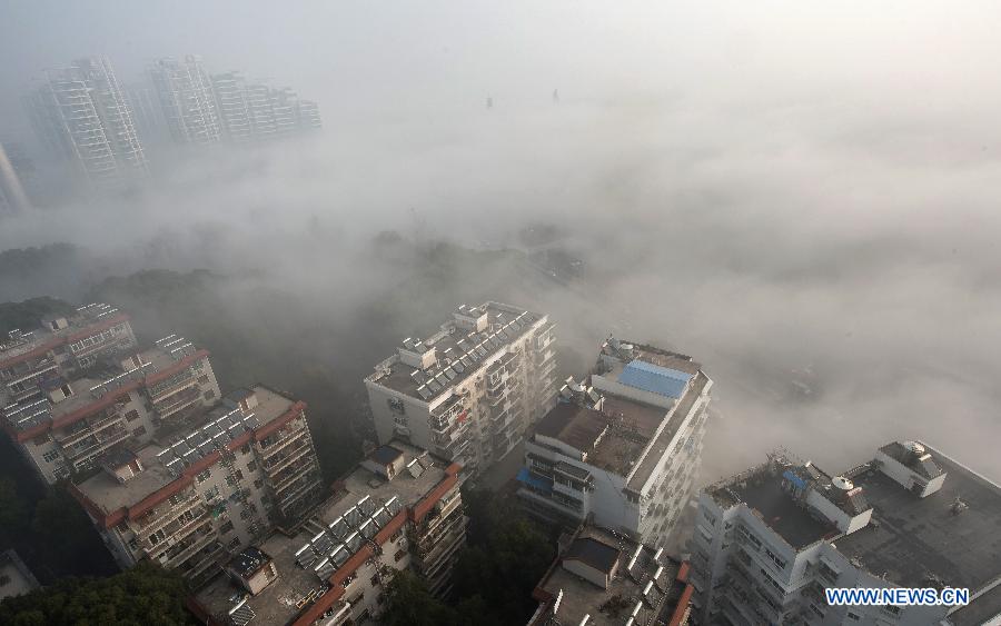 Des bâtiments dans le brouillard, à Wuhan, capitale de la province du Hubei (centre), le 12 janvier 2013. 