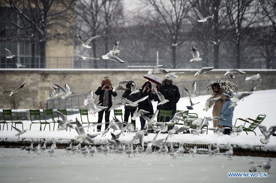 Des touristes et riverains admirent les beaux paysages de neige, le 20 janvier à Paris.