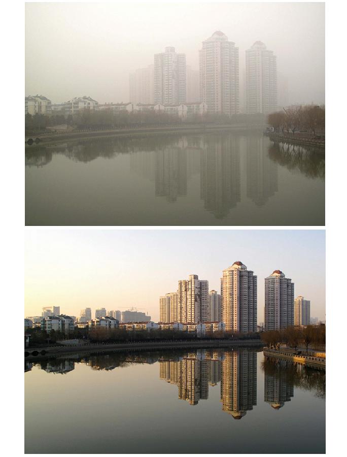 Un montage photo de vues prises le 22 janvier 2013 (en haut) et le 18 janvier 2013 (en bas) montrant des bâtiments dans le même lieu à Nanjing, capitale de la Province du Jiangsu, dans l'Est de la Chine. (Xinhua)