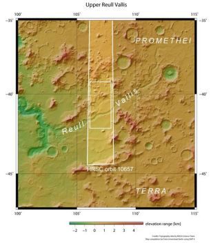 Une image en perspective, crée sur la base des données obtenues par la sonde Mars Express, qui nous montre la Reull Vallis et les hautes terres de Promethei Terra