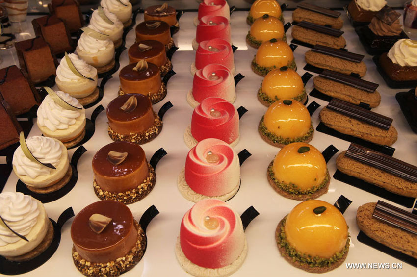 Photo prise le 30 janvier à Lyon en France montrant des gâteaux lors du Salon international de la restauration, de l'hôtellerie et de l'alimentation (Sirha) 2013 qui s'est clôturé le même jour. 