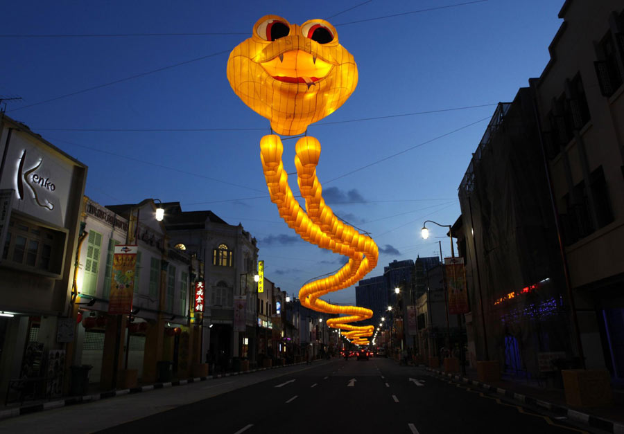 Une grande décoration lumineuse de la forme d'un serpent couvre une rue du quartier chinois de Singapour, à l'occasion du Nouvel An chinois. Photo prise le 29 janvier 2013.