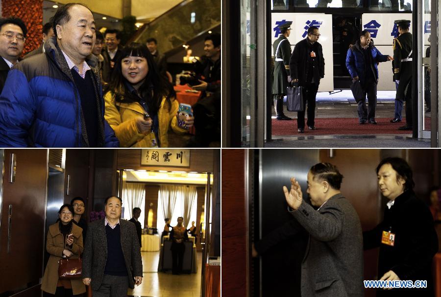 Mo Yan, le lauréat du prix Nobel de littérature 2012 et membre du 12e Comité national de la Conférence consultative politique du peuple chinois (CCPPC), arrive dans un hôtel reservé aux membres de la CCPPC à Beijing, le 1er mars 2013. La première session du 12e Comité national de la CCPPC s'ouvrira le 3 mars.