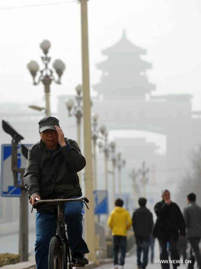 Un homme à vélo affronte des rafales de vent à Beijing, la capitale chinoise balayée samedi par une tempête de sable, le 9 mars 2013. (Photo : Gong Lei)
