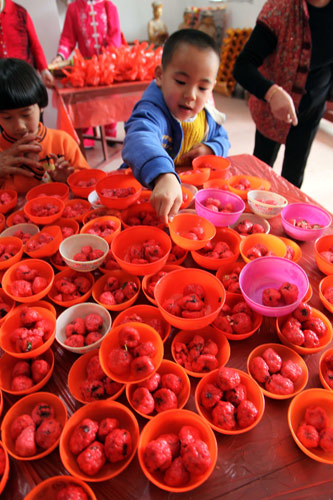 Dans le village de Sihua, dans la province du Fujian, un enfant dispose les boules de tofu dans plusieurs bols, le 12 mars 2013. [Photo/Xinhua]