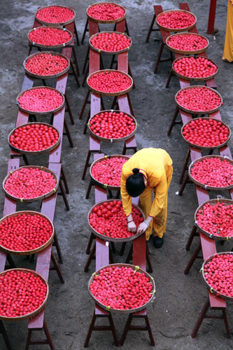 Le 12 mars 2013, des boules de tofu étaient mises à sécher dans le village de Sihua, dans la province du Fujian (est de la Chine). [Photo/Xinhua]