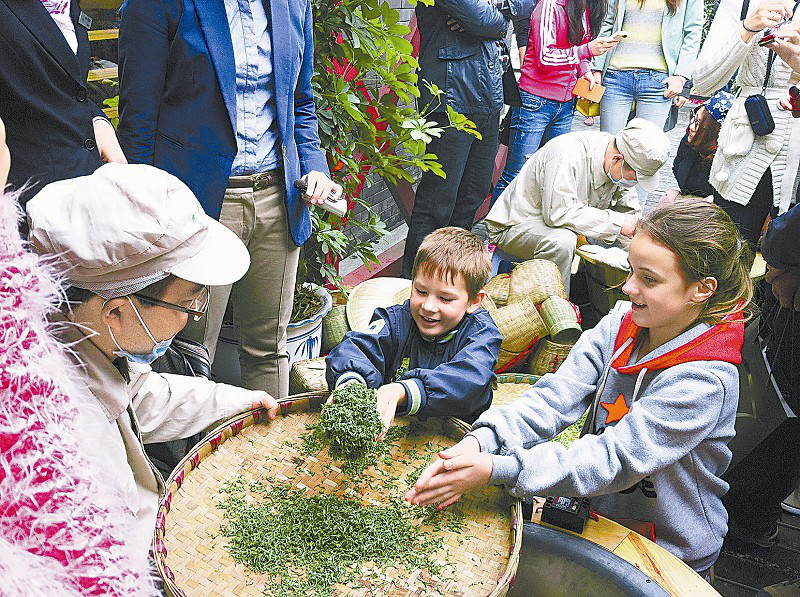 Le 17 mars, deux enfants étrangers assistent au processus de fabrication du thé, du 4e Festival du thé de Chine, qui a lieu actuellement dans le district du Pujiang de la province du Sichuan. (Photo source: Chinanews.com/ Zhang Lang)