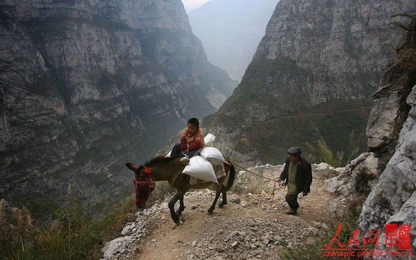 Dans la Province du Sichuan, un élève de l'école primaire du village de Gulu, accompagné de son grand-père, se rend à l'école monté sur un âne.