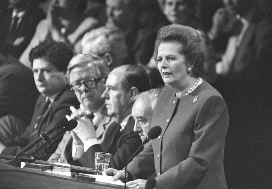 Margaret Thatcher prononce le discours finale de la Convention des conservateurs à Brighton, le 14 octobre 1988.