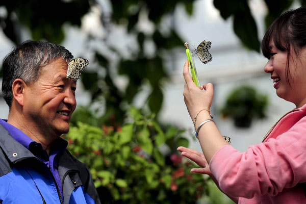 Le 15 avril 2013, deux visiteurs s'amusent avec les papillons du Jardin botanique de Beijing. [Photo/Asianewsphoto]