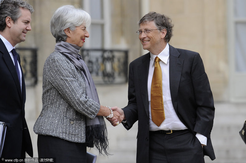 Le 4 avril 2011, Bill Gates rencontre Christine Lagarde, à l'époque ministre française de l'Économie 