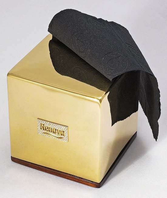 Une boîte de rangement en or pour le papier toilette. Assortie de 148 miettes de diamant, cette boîte fabriquée au Portugal ne pèse pas moins d'un kilo.